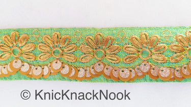 Indian Sari Trim, Green Art Silk Fabric With Gold Thread Embroidered Flowers Trim, Gold Sequins